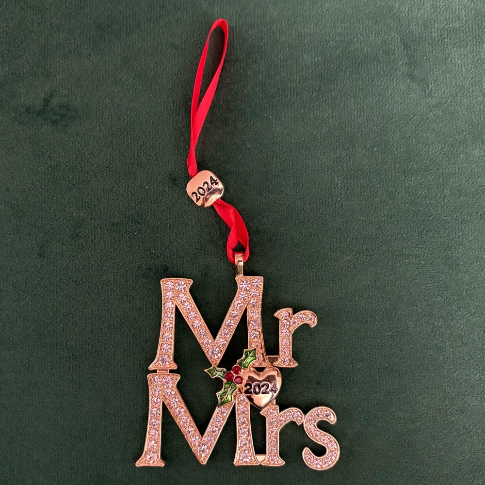 2024 Monet Mr & Mrs Gold Tone With Rhinestones Christmas Ornament
